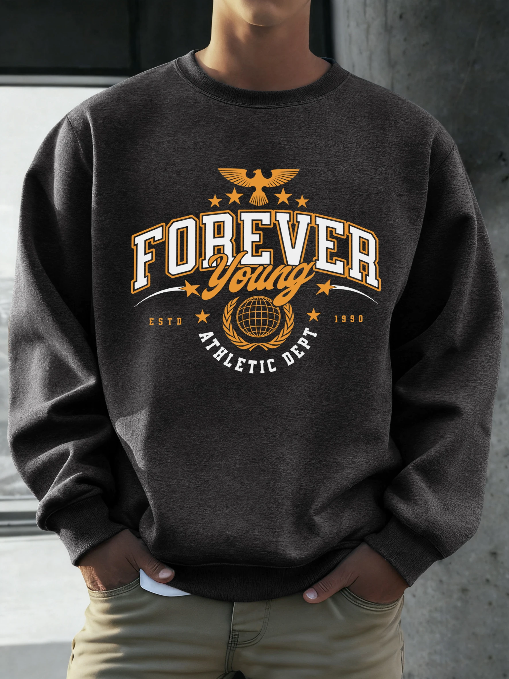 Forever Young Athletic Dept 1990 Pattern Herren-Sweatshirt mit O-Ausschnitt, Frühlings-Sweatshirt, Fleece, Retro-Pullover, locker, lässig, modisch, Streetwear
