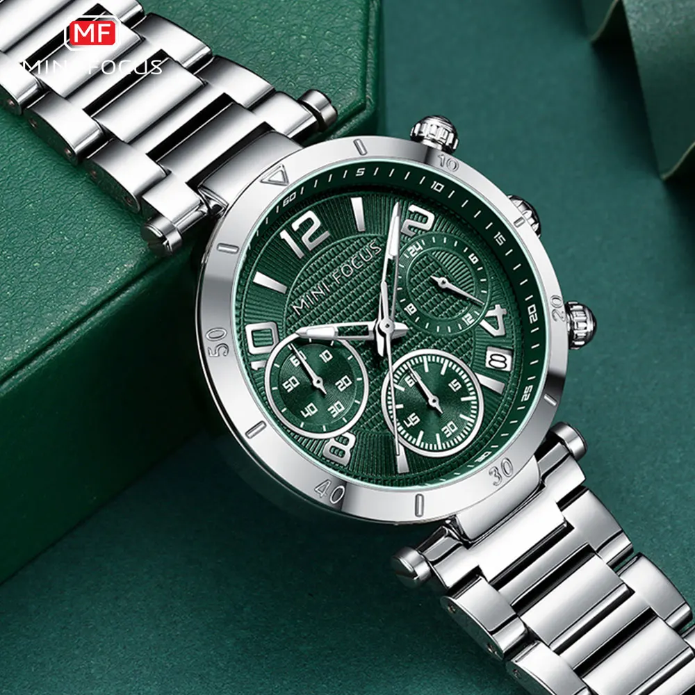 MINI FOCUS Dress Watch for Women Luxury Chronograph Quartz Wristwatch Lady with Auto Date Stainless Steel Strap Green Dial 0489