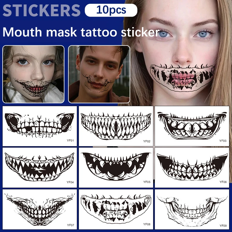 10Pcs Funny Halloween Tattoo Sticker Face Sticker Mouth Teeth Tattoo Stickers Waterproof Dark Wind Makeup Temporary Tattoos