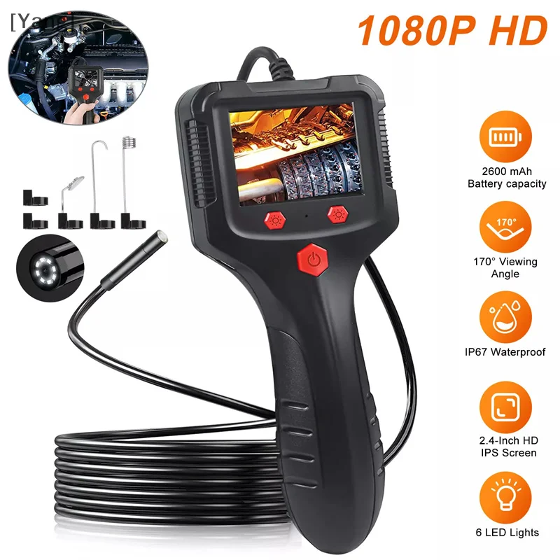 2.4'' IPS Screen Industrial Endoscope Camera HD1080P 2 Meter Cable Pipe Sewer Inspection Borescope IP68 Waterproof LEDs 2600mAh