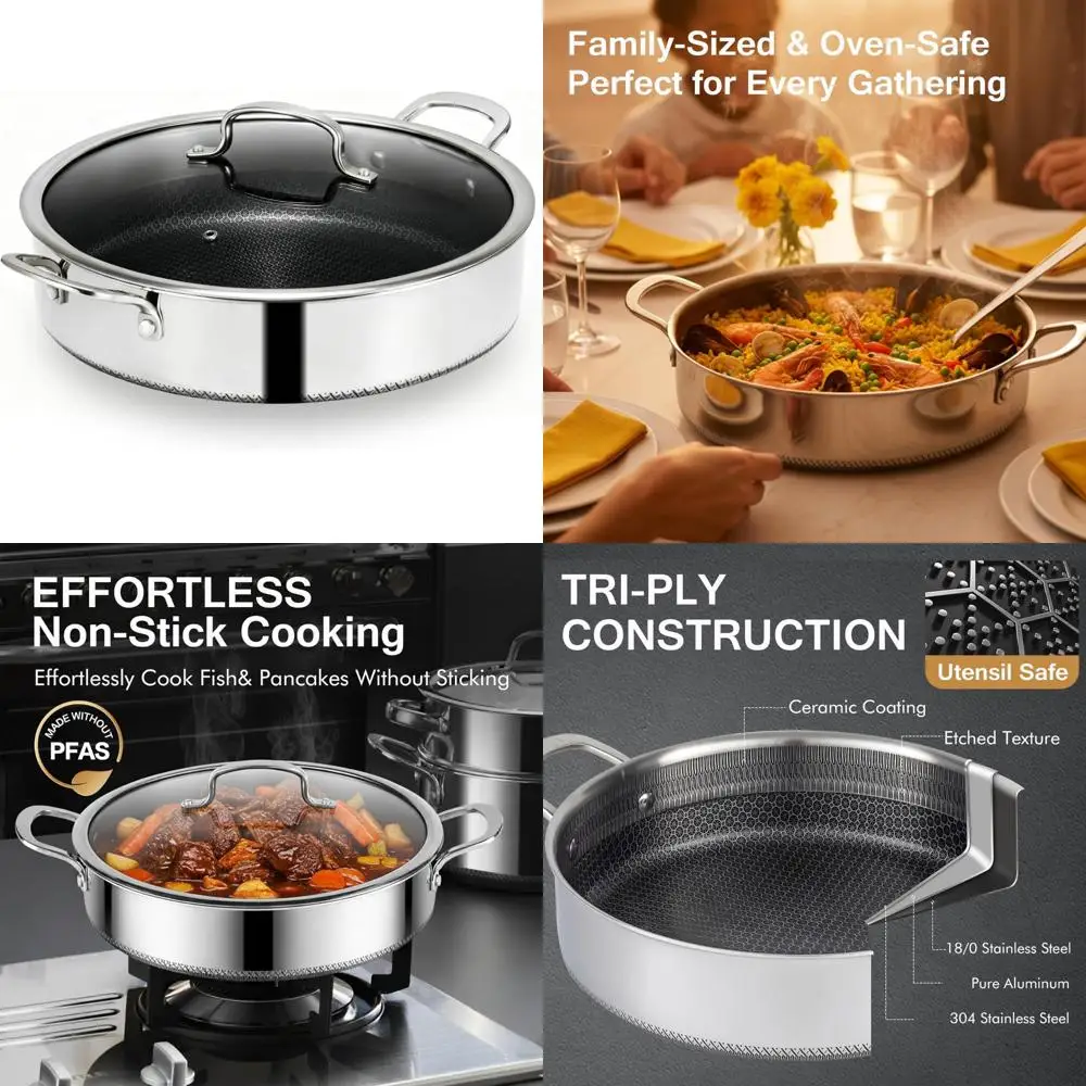 

Гибридная сковорода для соте с антипригарным покрытием на 7 литров с крышкой из закаленного стекла, фритюрнице для курицы, прохладными ручками, можно мыть в посудомоечной машине, можно использовать в духовке, индукционная.