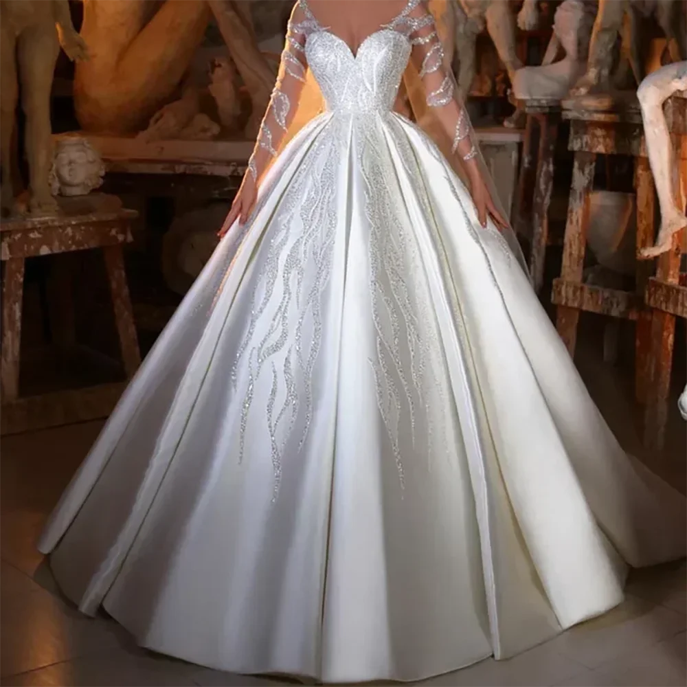 エレガントな恋人レースプリーツフルスリーブ A ライン花嫁のウェディングドレスブライダルドレスカスタマイズ