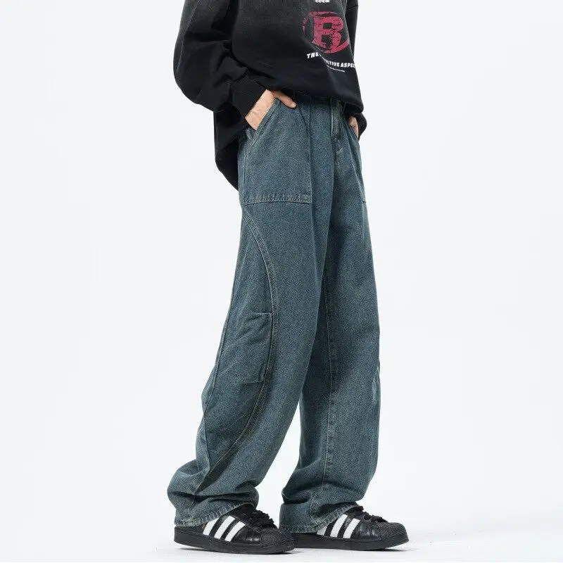 Patchwork style Men\'s Baggy Straight Jeans Personality unisex Fashion Korean High Street Denim Pants Streetwear Male Trousers