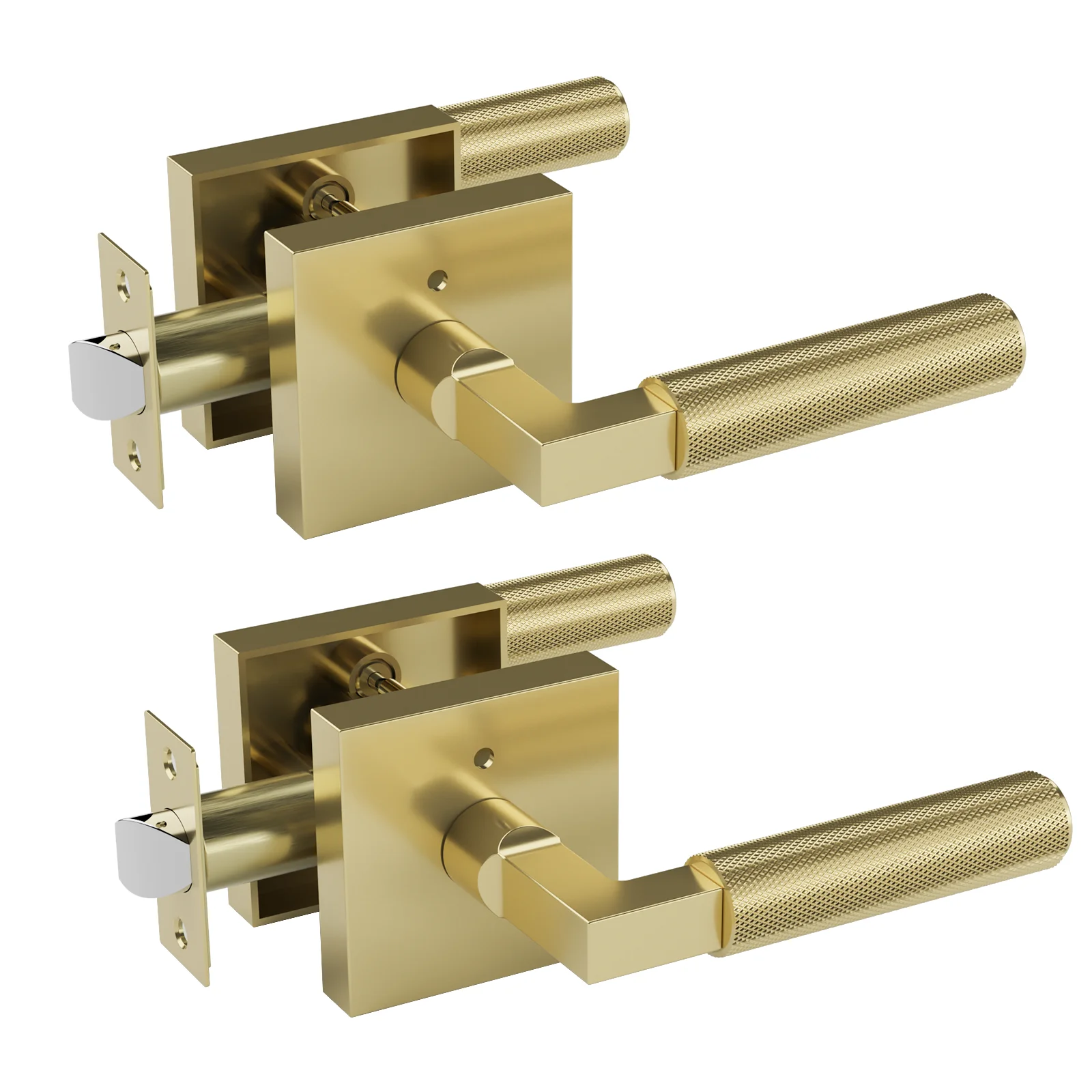 

Viladepot 2PCS Privacy Door Handle Rear Knurled Handle Lever Matte Gold Square Base Bedroom Bathroom Door Lock Reversible