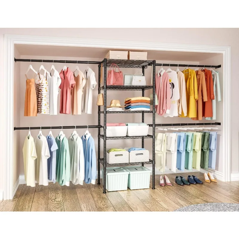 M2 Closet Organizer System, 5.9 Feet Height Mounted To The Wall Garment Rack with 4 Expandable Hanger Rods, 5 Shelves