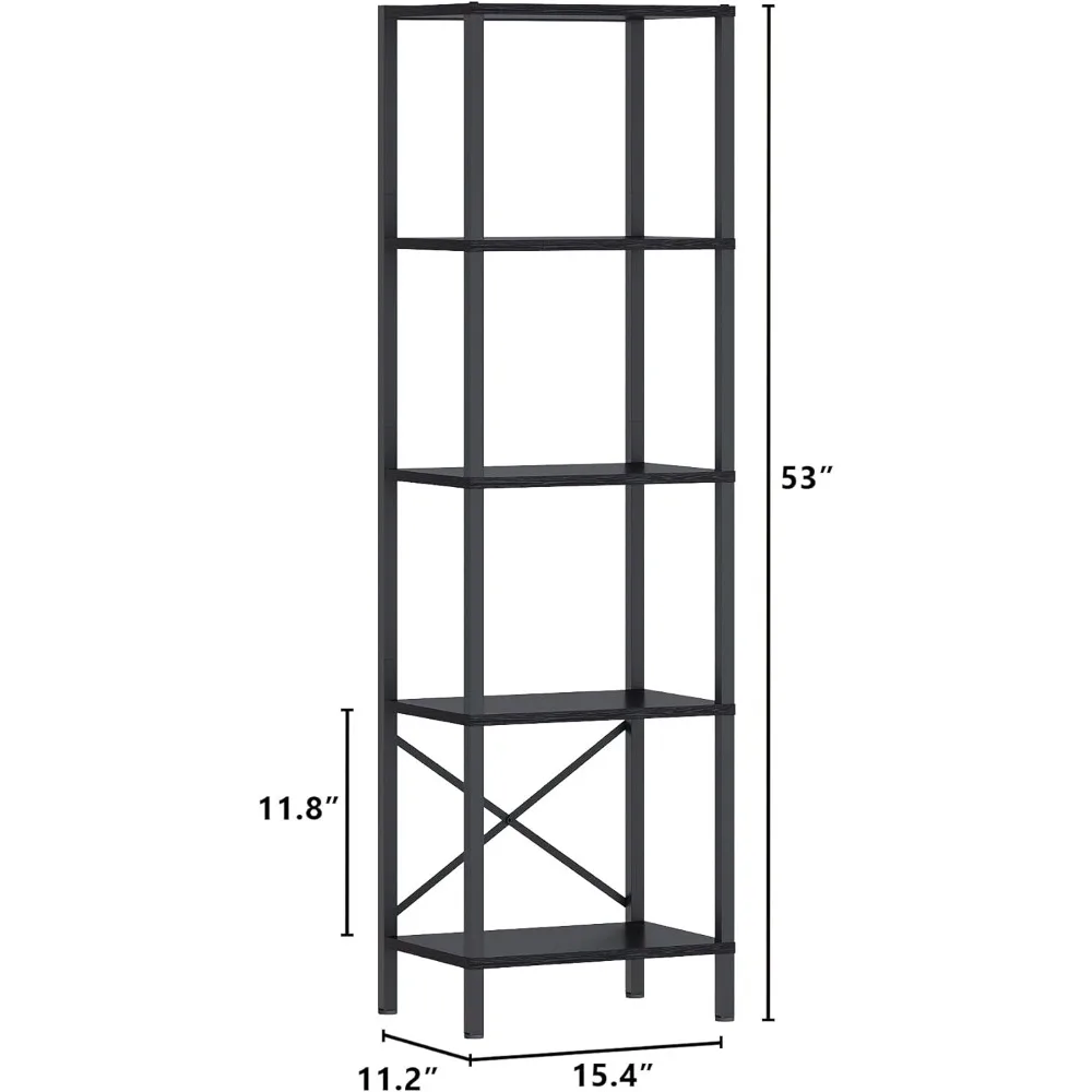 رف كتب من 5 طبقات، خزانة كتب ضيقة طويلة مع أضواء LED، رف كتب بإطار فولاذي، رف تخزين للعرض لغرفة المعيشة، سرير
