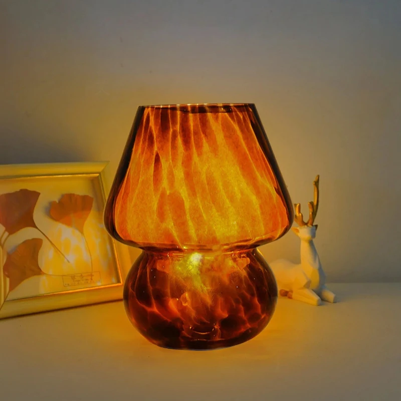 USB Powered Striped Mushroom Table Lamp Spiral Texture Glass Small Desk Lamp Multi‑Color Decor Night Light for Bedroom Home Desk
