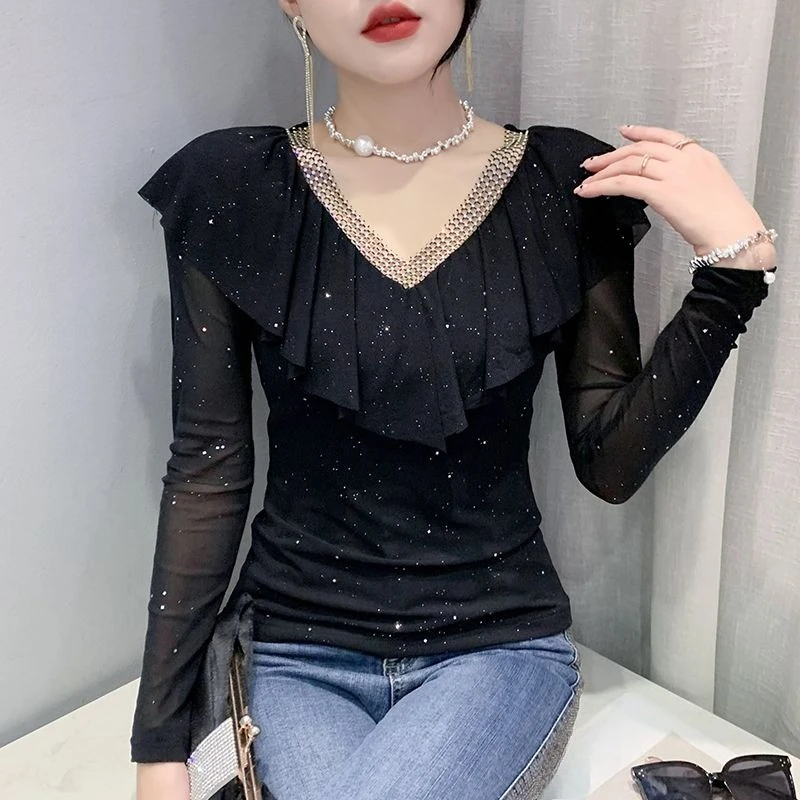 

Women's Mesh Long Sleeve Blouse V Neck Ruffle Starry Sky Print Rhinestone Slim Fit Top for Spring Autumn Fashion