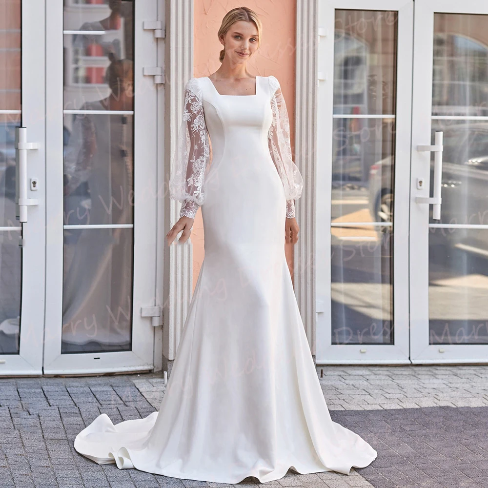 Simple Mermaid Graceful Women's Wedding Dresses Appliques Lace Bride Gowns Modern Square Collar Long Sleeve Vestidos De Novia