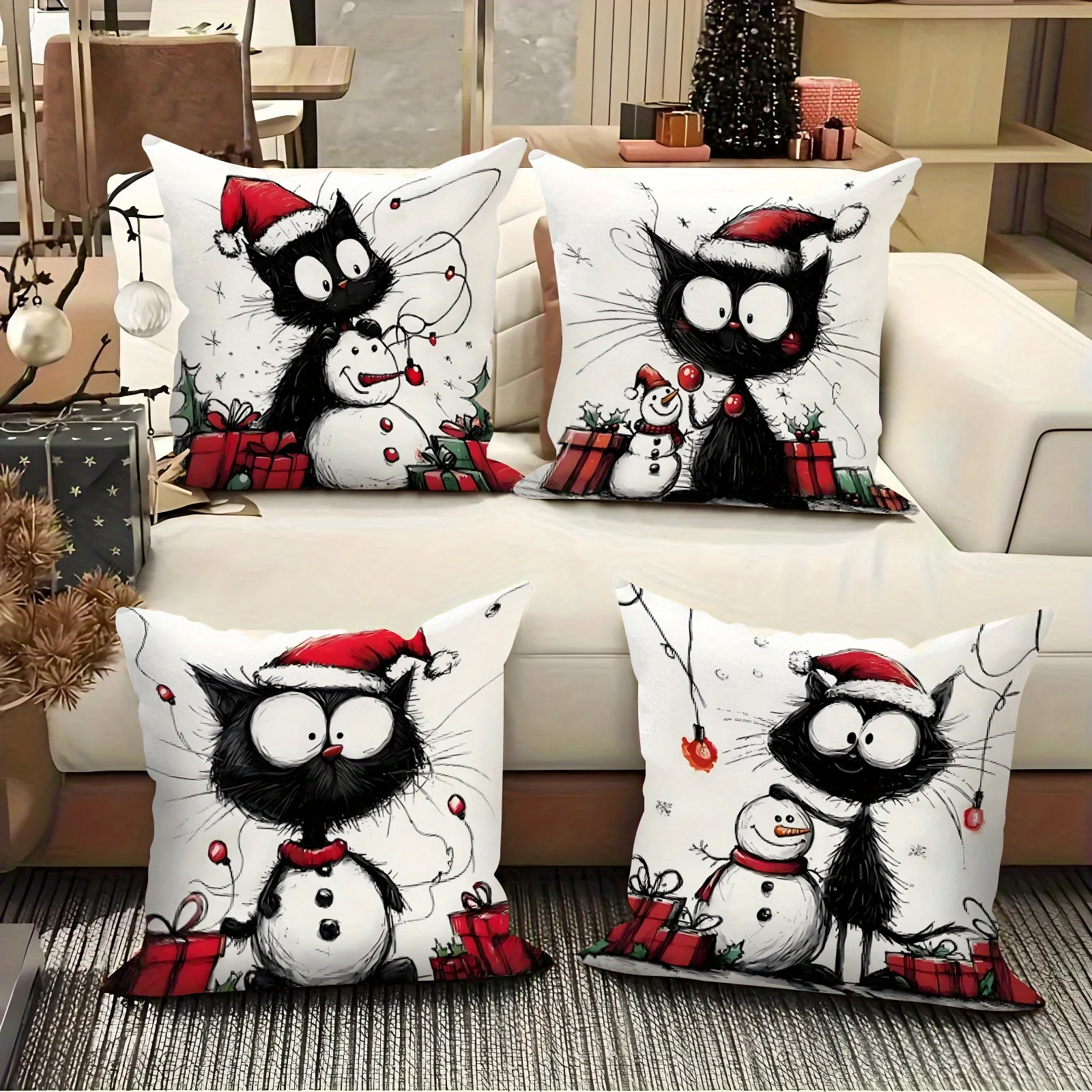 

4pcs Christmas Black Cat Pillow Covers – Playful Cartoon Print Cushion Covers for Living Room & Bedroom, Perfect Party Decor