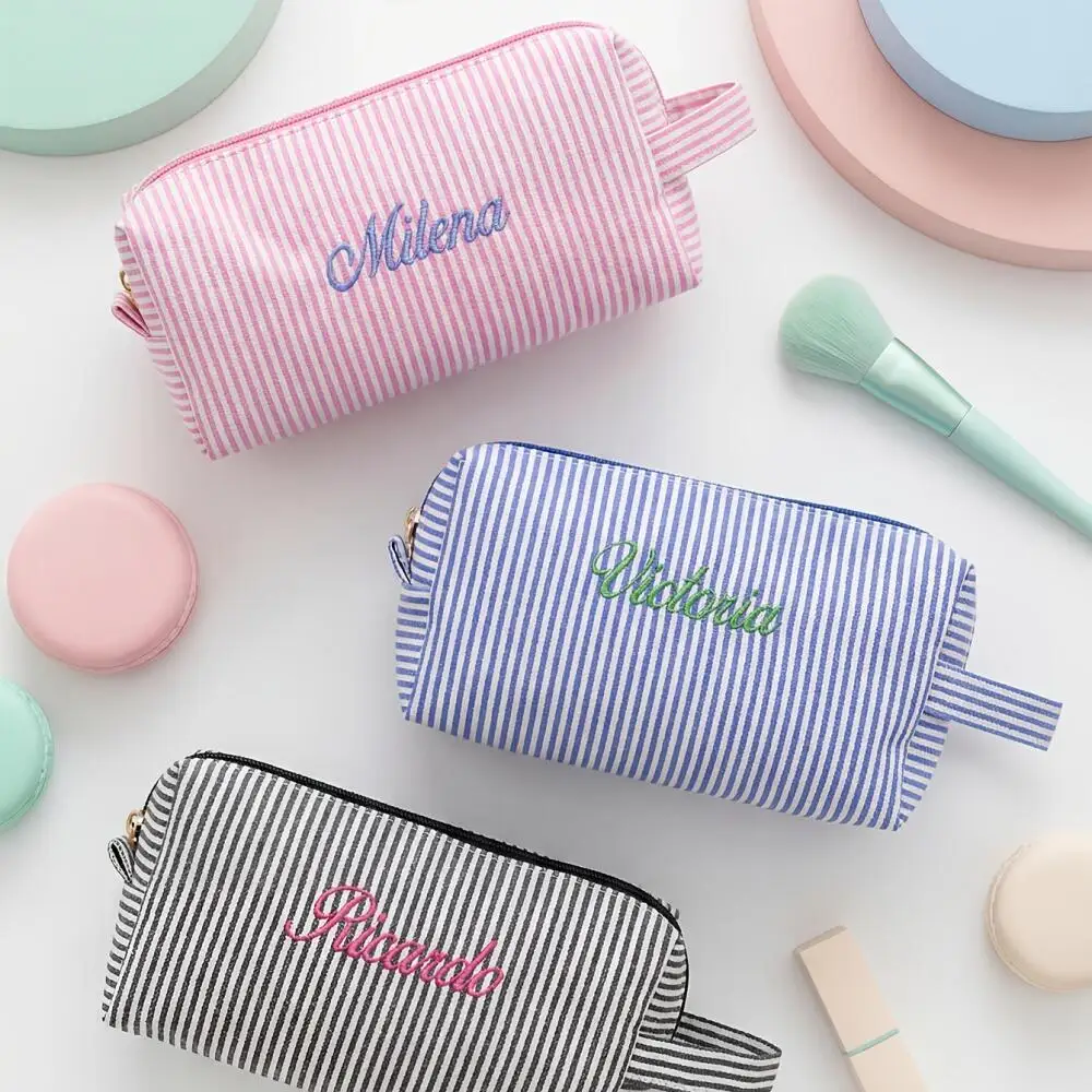 2Pcs Personalized Name Embroidered Striped Makeup Bag with Heart Shape Mirror Custom Name Cosmetic Toiletry Pouch Toiletry Bag