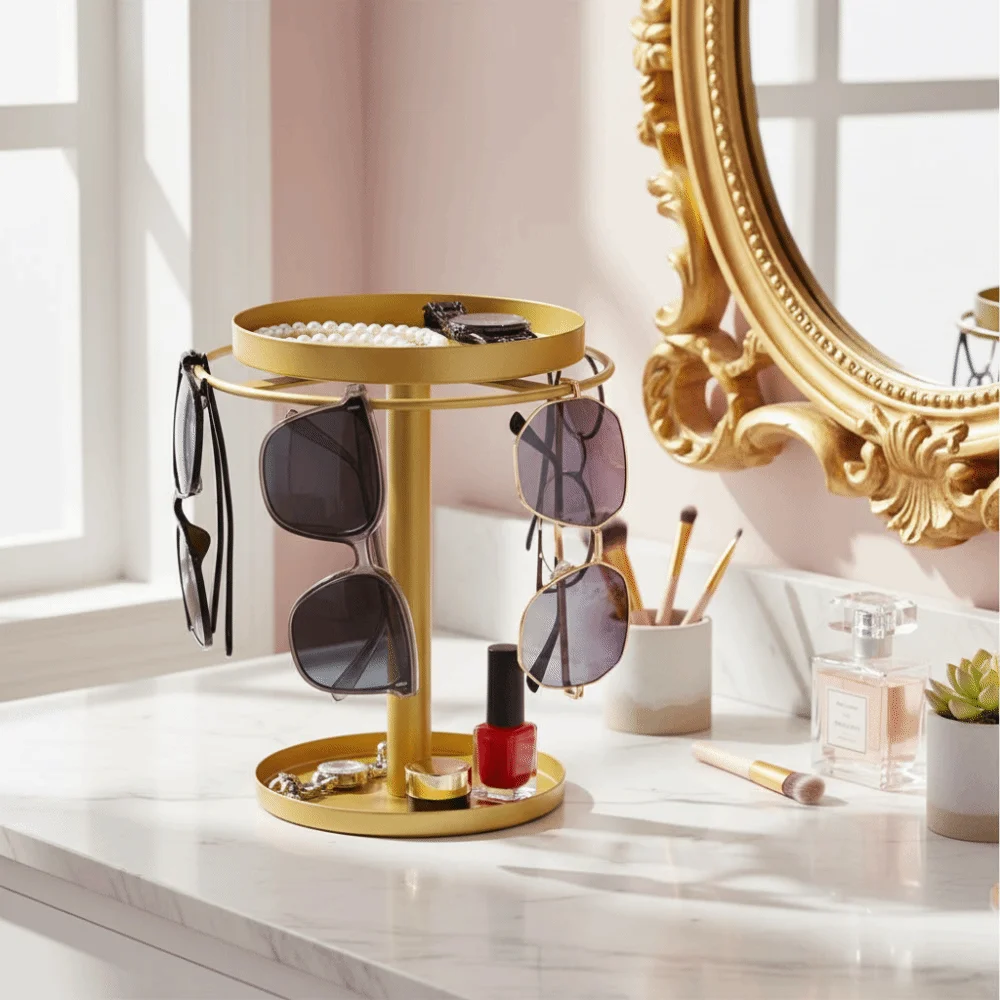 رف نظارات شمسية منظمات معدنية 360 درجة ° حامل نظارات دوار من الفولاذ المقاوم للصدأ، حامل تخزين متعدد، صينية قابلة للإزالة، عرض النظارات #5