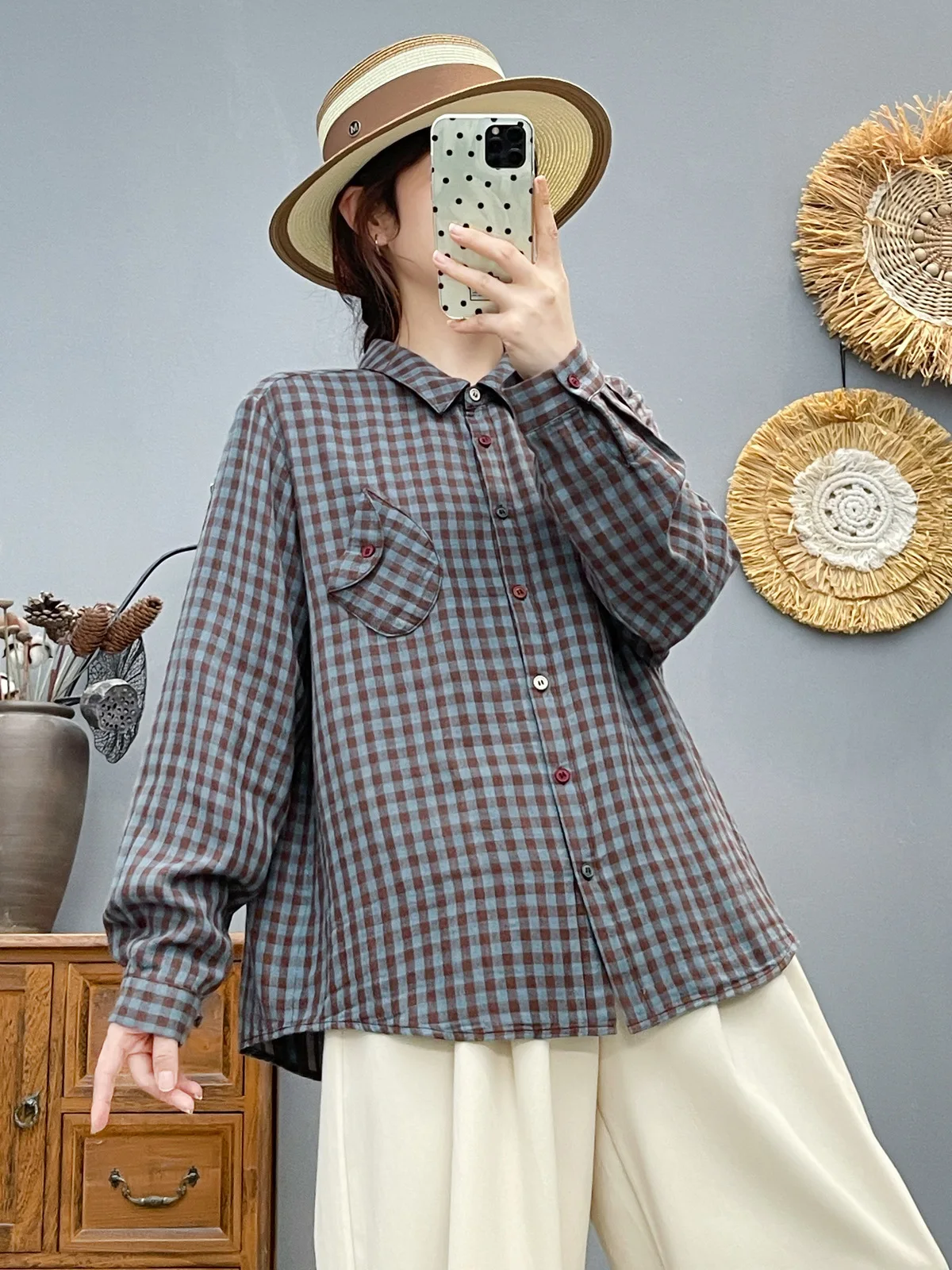 جديد 2025 قميص خريفي بأكمام طويلة من غزل القطن ، بلوزة فضفاضة متعددة الاستخدامات بياقة مقلوبة للنساء ، بلوزة موري جيرل للتنقل T59279CC