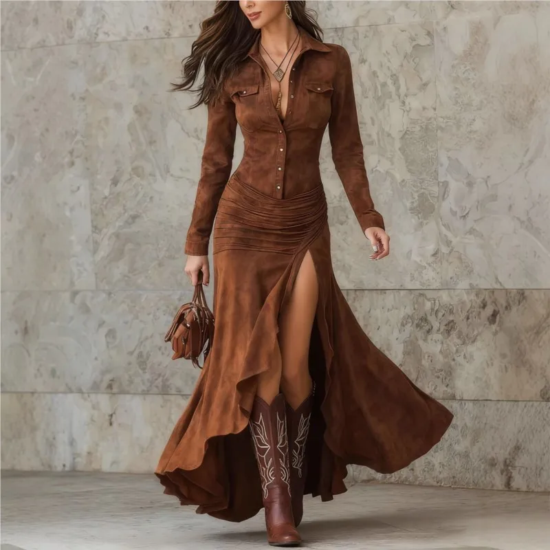 Elegant Women Retro Solid Slim Split Dresses Autumn Winter Lapel Button Long Sleeve Ruffles Asymmetric Big Hem Party long Dress