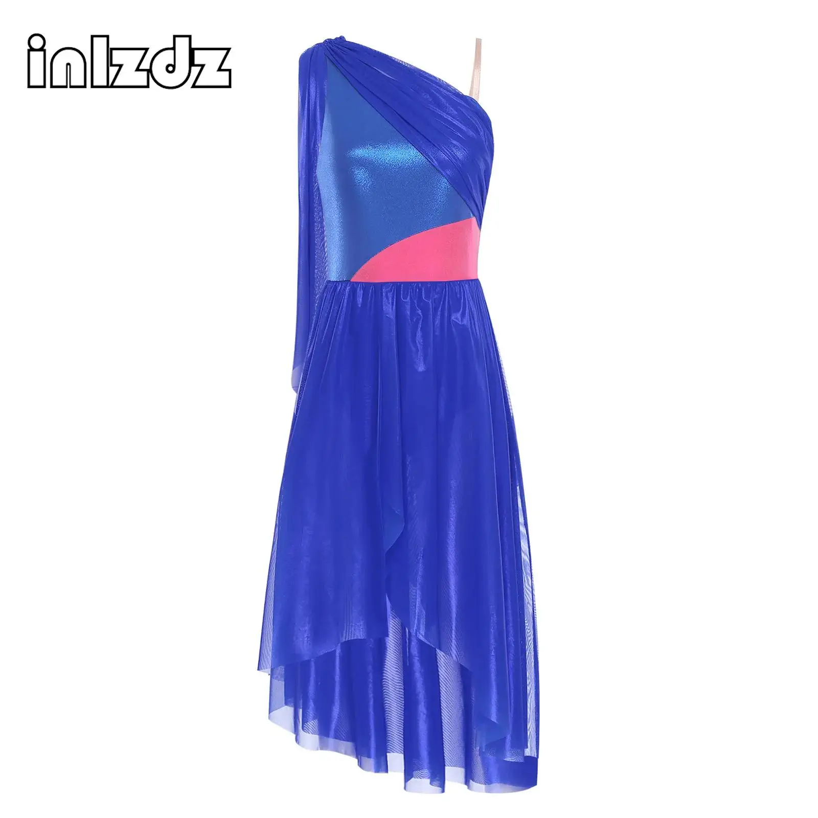 

Women Contemporary Lyrical Dance Tulle Dress Sleeveless Ruffled Drape Metallic Color Block Bodice Asymmetrical Split Costume