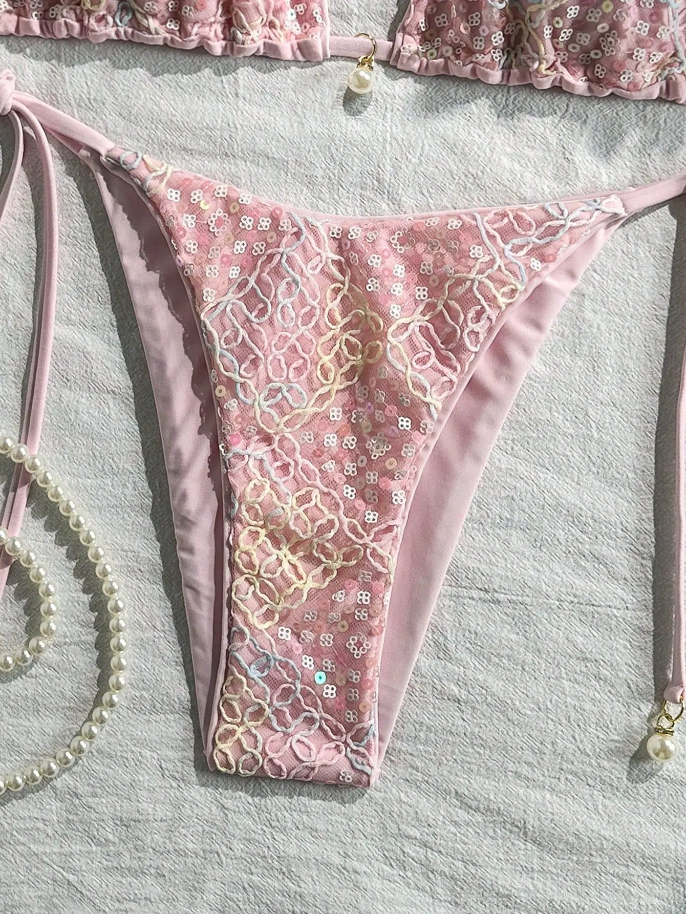 Pink Flower Emboss Solid Swimwears Halter String Triangle Bikini Micro Thong Sexy Swimsuit Women 2026 Bathing Suit Bikinis Sets view 6