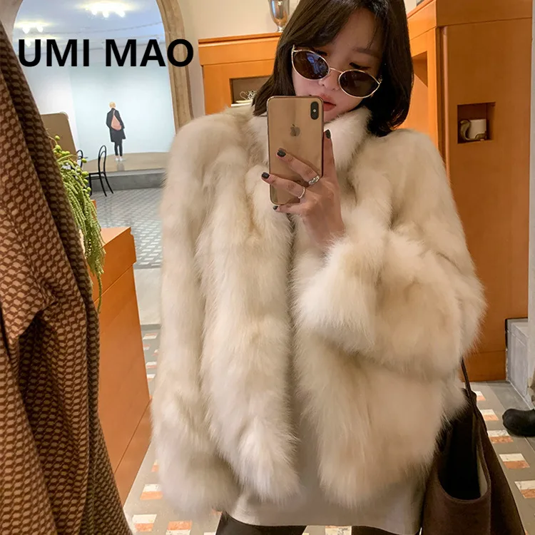 UMI MAO ヘイジーファンタジーアンバーフローイングライトヴィンテージグラデーションクリームカラースモールスタンドカラーフォックスファーコート女性用冬新作