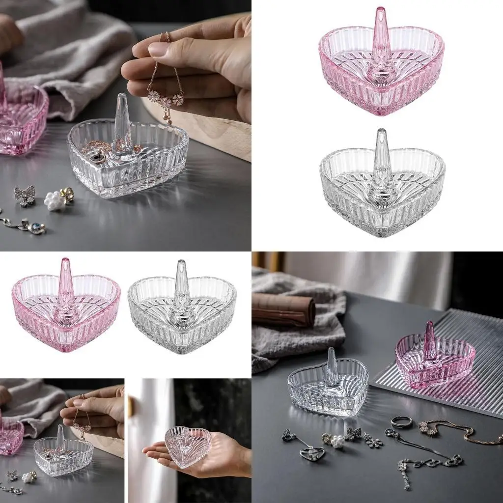 

J78F Trinket Tray Ring Dish Jewelry Bowl Heart Shaped Holder for Jewelry Pink Clear