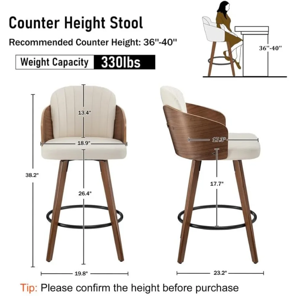 Bartools Juego de 2, Taburetes para mostrador de mediados de siglo de 26 pulgadas con respaldo y brazos de nogal, asiento tapizado para cocina Isla