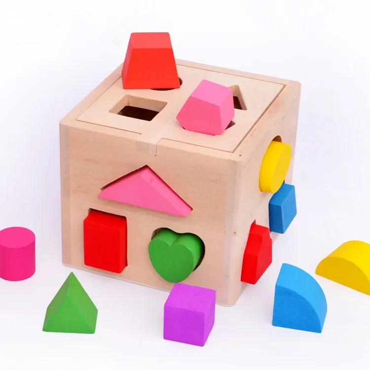 Décennie s de construction géométriques en bois pour enfants, 13 formes épaisses, cube de tri de formes, construction en bois robuste, cadeau amusant