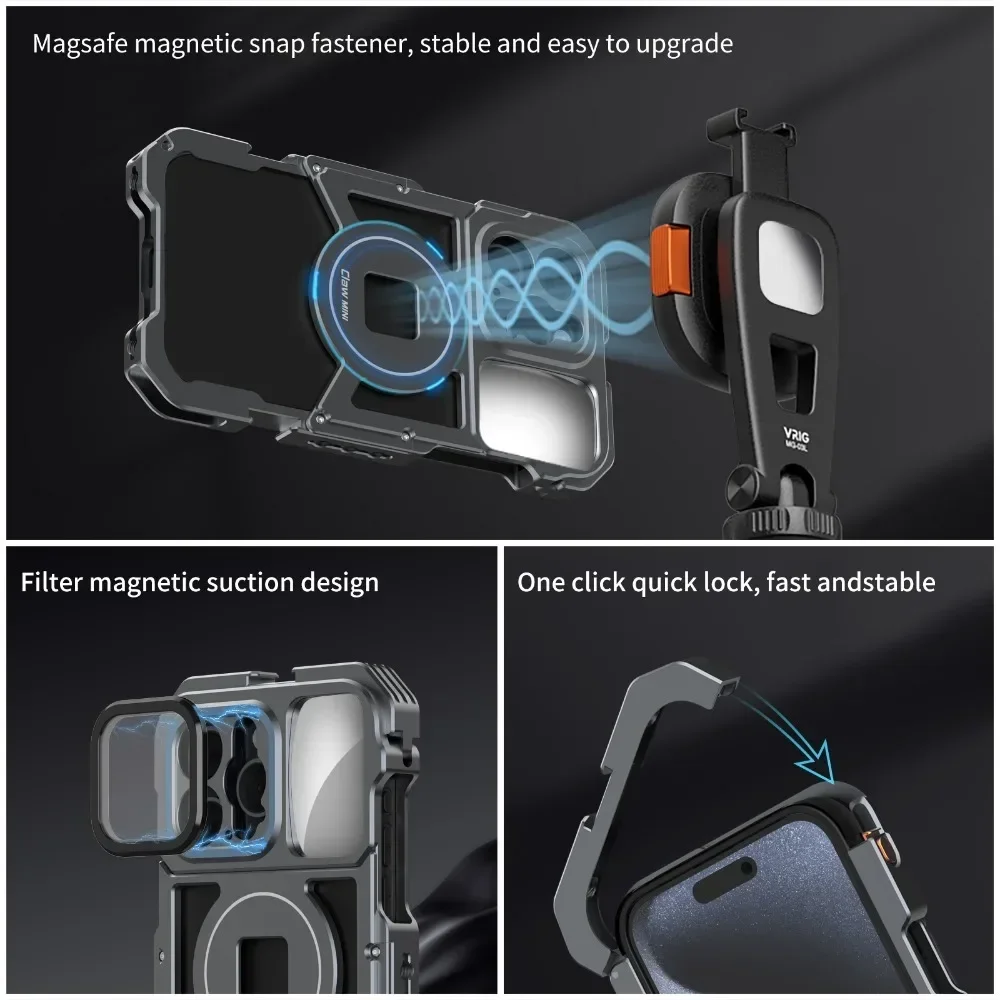 Magnetic Quick Release Phone Cage Video Vlog Rig Handle for iPhone15 Pro Max Stabilizer Photography Video Filmmaking