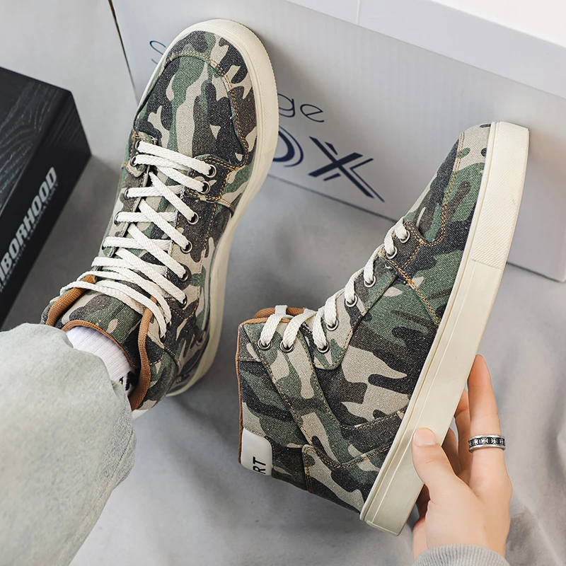 Large size high top shoes for men autumn new breathable camouflage canvas shoes casual sports board shoes student trendy shoes