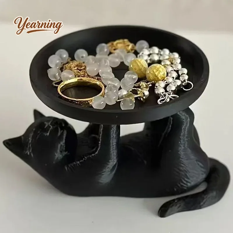 

3D Printed Black Cat Jewelry Tray, Resin Ring Holder for Desk, Minimalist Home Decor Organizer, Premium Gift