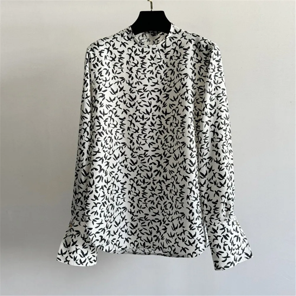 25 Spring Autumn Women's Shirts Black And White Printed Pattern Silk Long-Sleeved Shirt