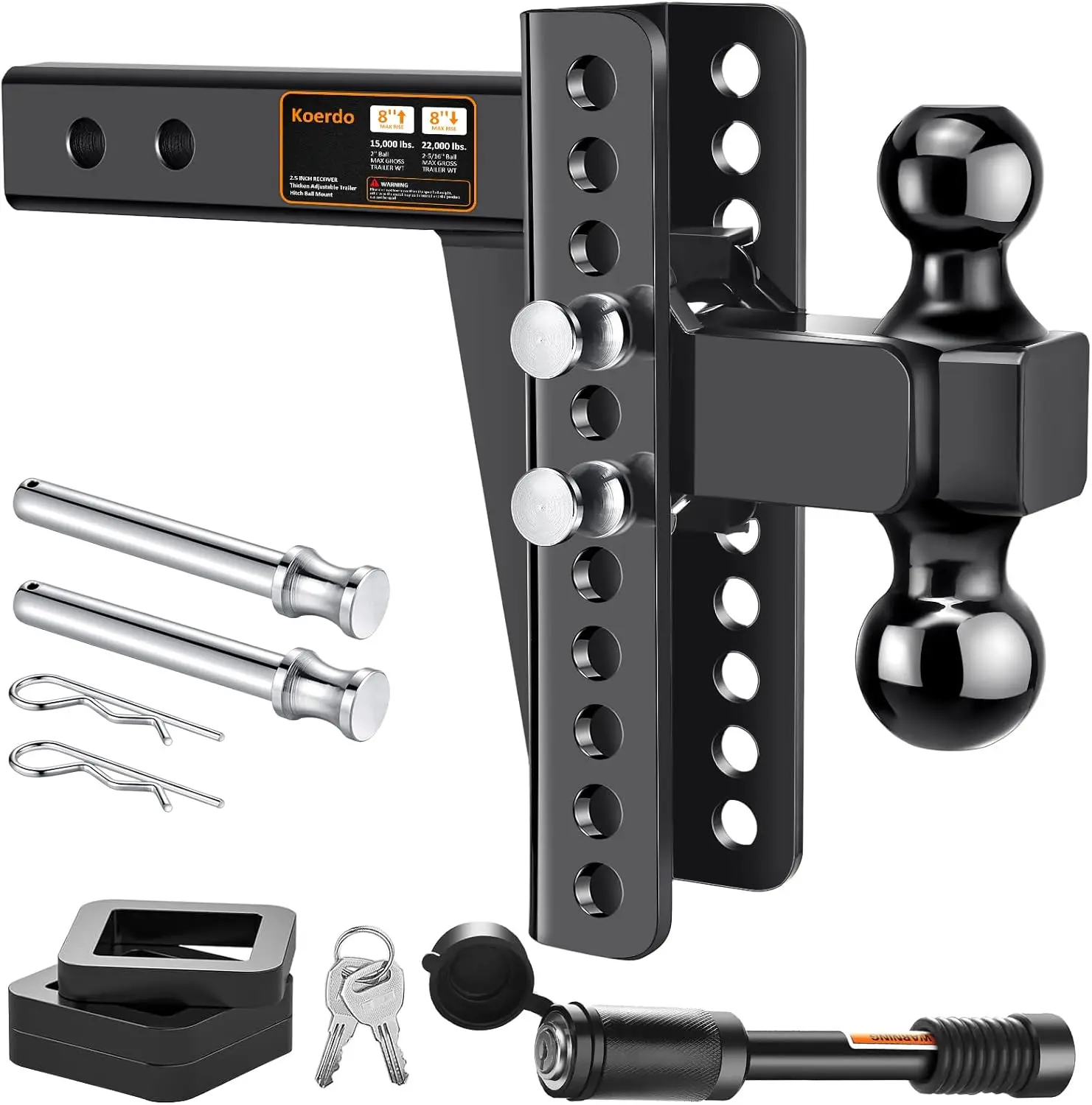 

Adjustable Trailer Hitch, 2.5' Receiver, 8' Drop/Rise, 2' & 2-5/16' Ball, 22,000 LBS GTW, Black