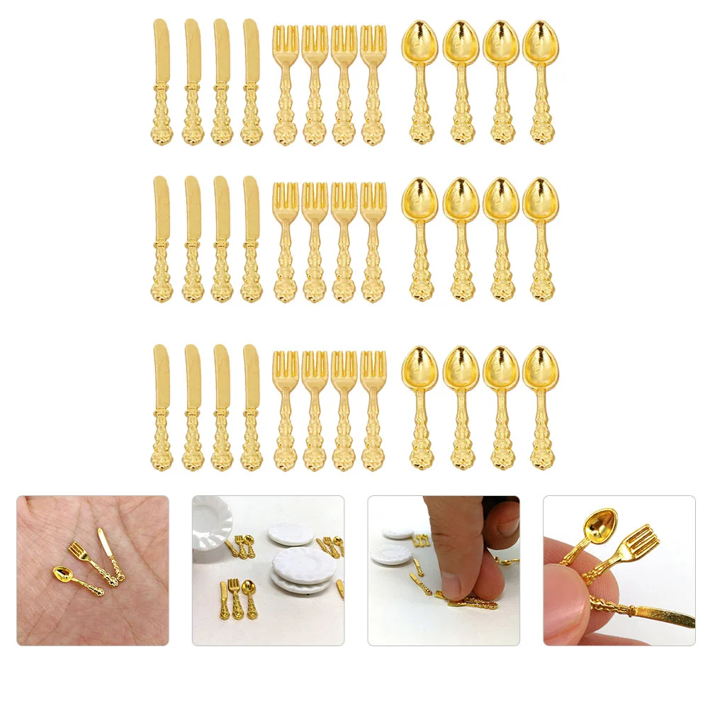 

36 Pcs Mini Fork Spoon Knife and Toy Accessories Toys Alloy Tableware Model Kitchen Utensils Golden Dinnerware