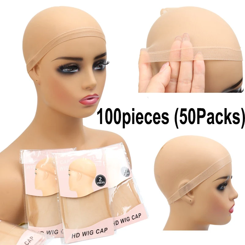 HD Wig Cap 50Pack 100Pcs Ultra Thin Stocking Cap For Wig Bonnet Perruque Hairnets Wig Accessories