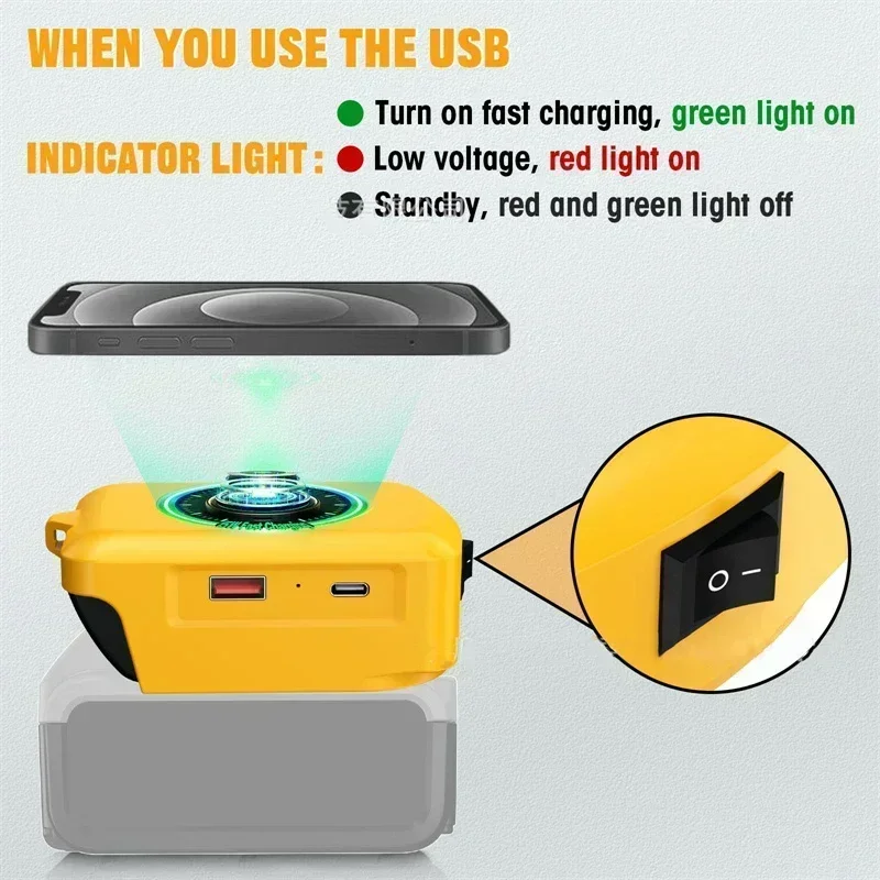 

With USB Type-C Ports Charger Adapter for Makita/Dewalt/Milwaukee 18V Battery with Wireless Charging Function for Mobile Phones
