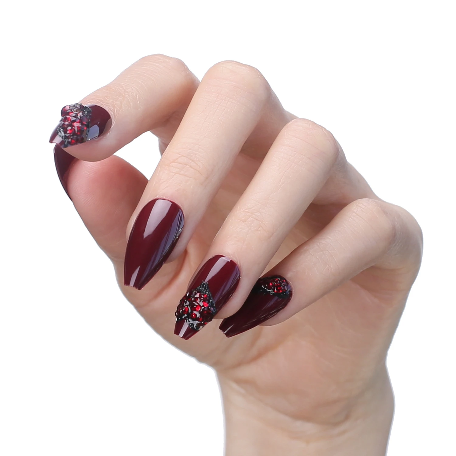 Short Maroon Ballet False nails Burgundy Fake nails Gothic Red crystal Natural Manicura Reusable Gel Coffin Press on nails