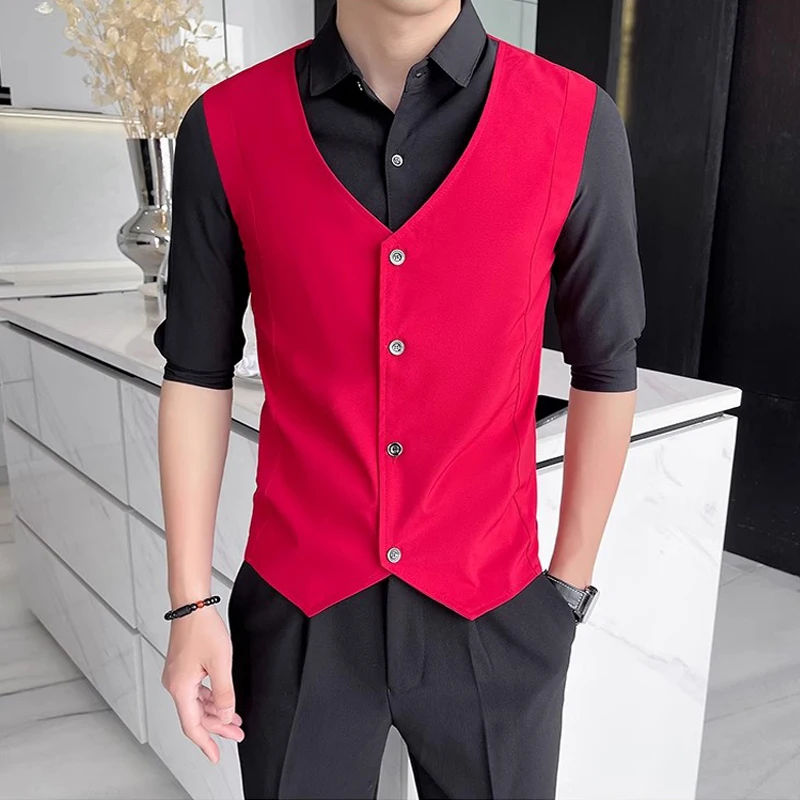 

Лето-весна Поддельные двухсекционные однобортные мужские рубашки-жилет размера плюс с коротким рукавом Тонкая мужская классическая рубашка Джентльменская мужская одежда