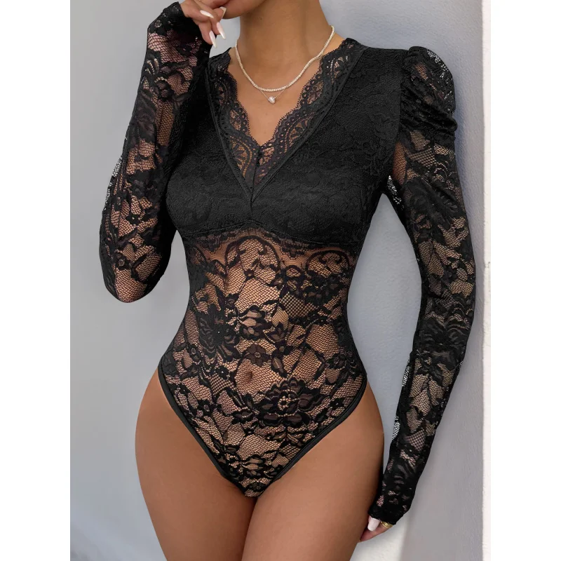 

New Pure Color Elegant And Sexy Lace Patchwork Bubble Long Sleeved Slim Fit Jumpsuit