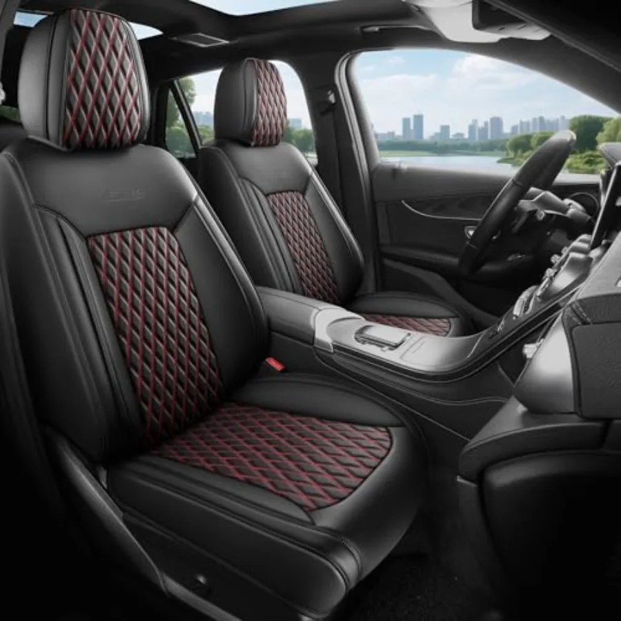 

Front Car Seat Covers 2PCS Universal Fit 3D Design Nappa Leather Waterproof Car Seat Protector Cushion Style1 Black Red Line