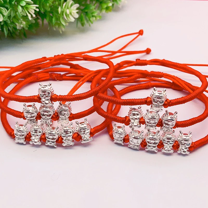 1pcs 990 Pure Silver Bracelet For Women Men 3D Zodiac Dragon Blessing Red String Amulet