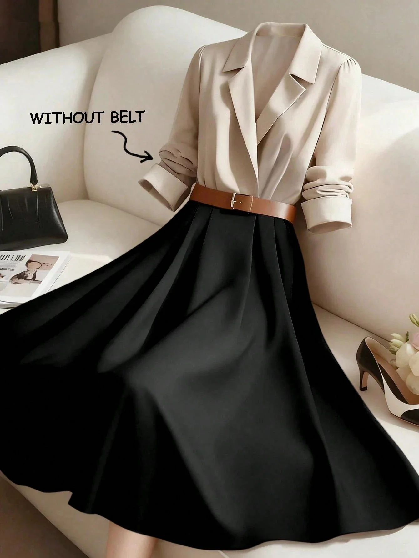 

Элегантное платье-рубашка А-силуэта с длинными рукавами и поясом для женщин, офисное, повседневное, винтажное