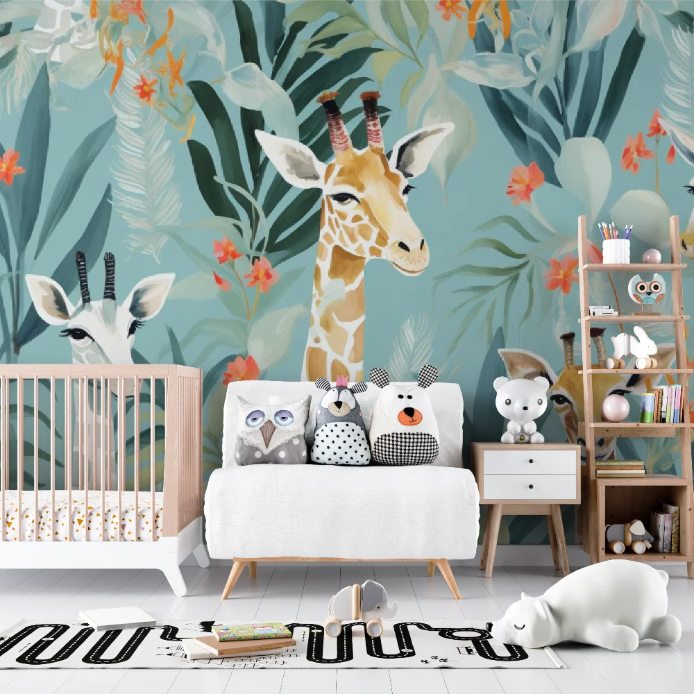customized high-end mural tropical jungle plant flower giraffe warm cartoon wallpaper children's room home decoration painting