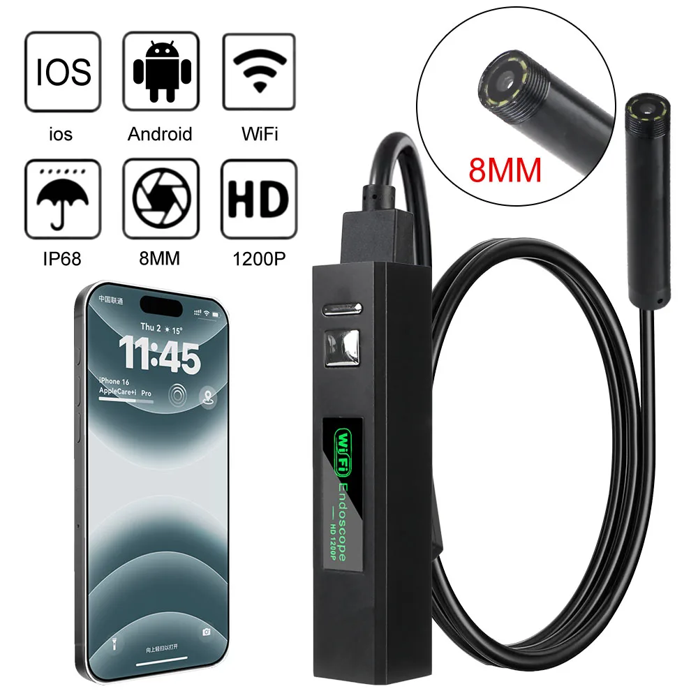 

For IPhone Android Phones PC Waterproof 8MM Mini Lens Industrial Wifi Endoscope Camera USB Car Inspection Borescope 1200P 5.0MP