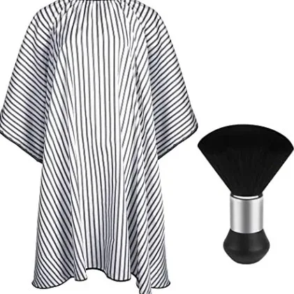 

Durable Hair Salon Apron With Stripes Black Dust Brush Attachment For Neck Cleaning & Grooming
