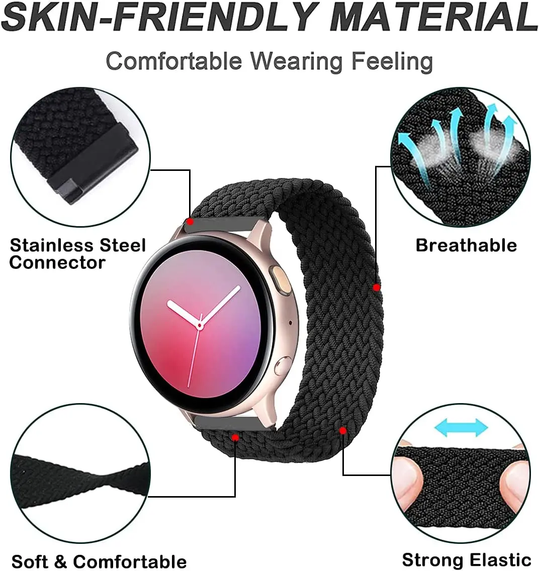 20mm 22mm Nylon Band For Samsung Galaxy Watch 6 3 4 5 Pro Active S3 Braided Solo Loop Bracelet Amazfit Bip/GTS/GTR Huawei Watch image 2