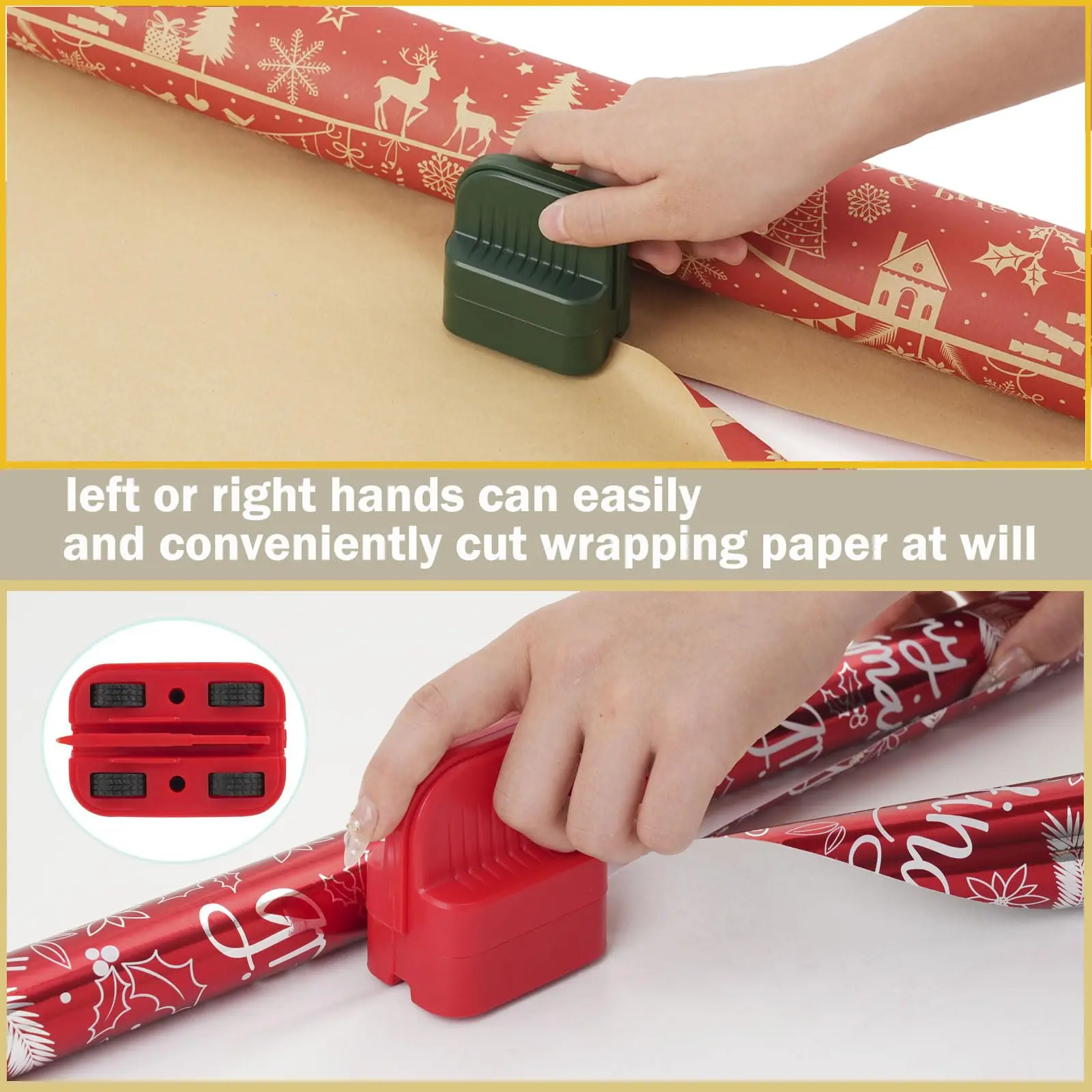 2 piece wrapping paper cutter, gift wrap cutter, Christmas gift wrapping paper roll cutter with 2 interchangeable blades