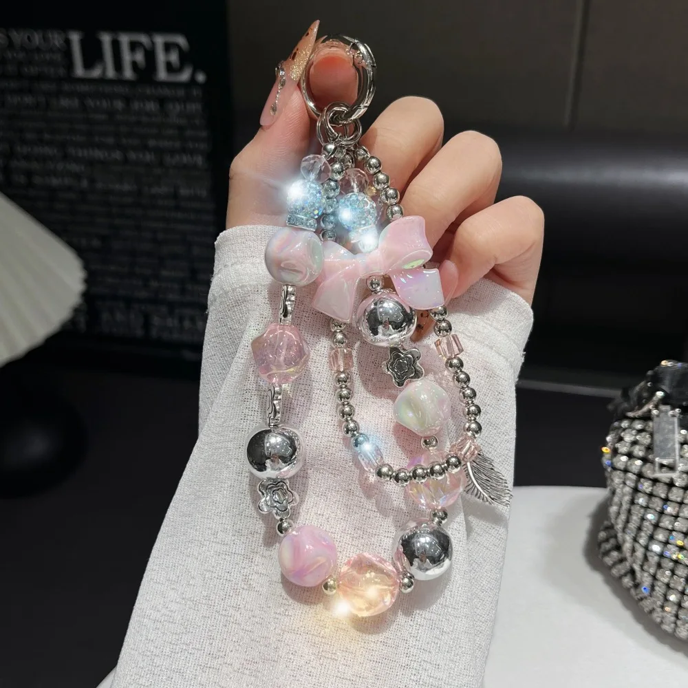 High-End Electroplated Beaded For Mobile Phone Bracelet Double Chain Case Lanyard Keychain Short INS Bracelet Lanyard Chain