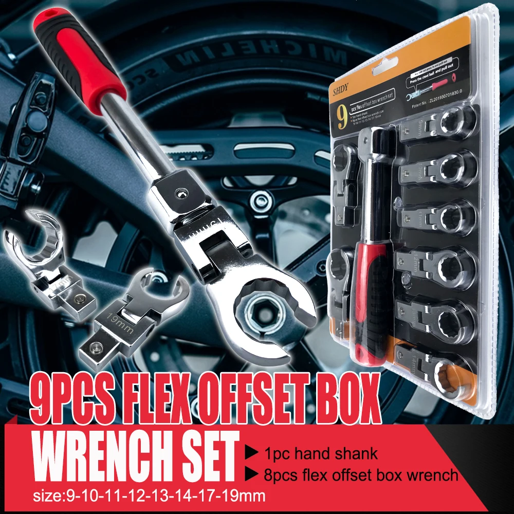 9 Pcs Flex Offset Box Wrench Set Replaceable Head Trox Adjusttable Multifunction Wrench Handle Tools