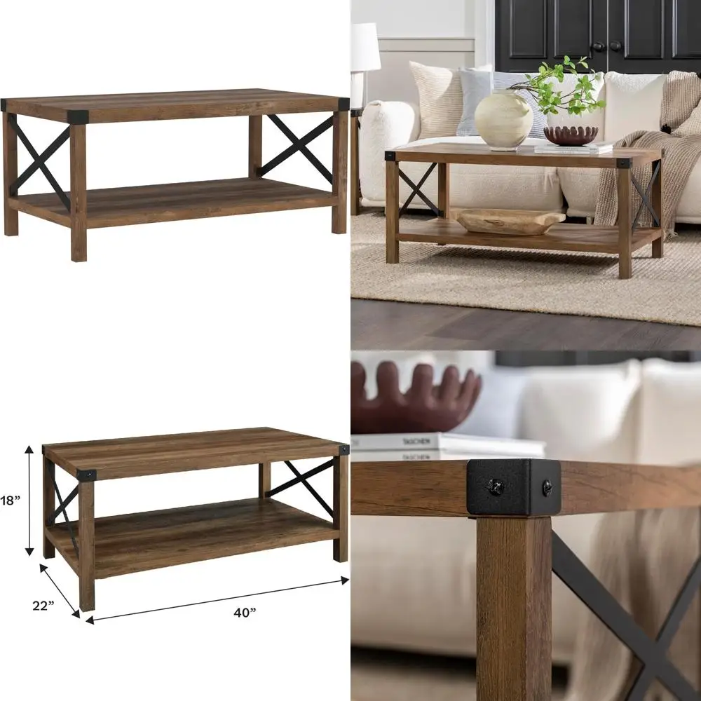 

Modern Farmhouse Style Metal X Coffee Table, 40, Rustic Oak Finish