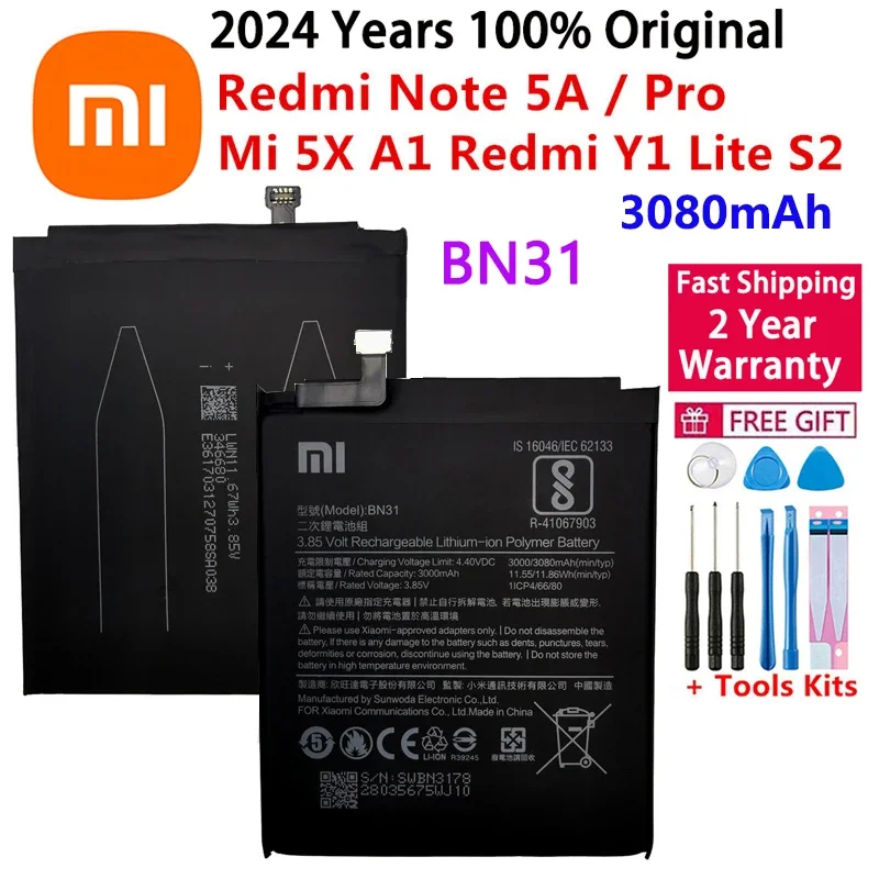 100% Original 3080mAh BN31 Battery With Temperature Sensor For Xiaomi Mi 5X Mi5X \ Redmi Note 5A 5A pro Mobile Phone Batteries