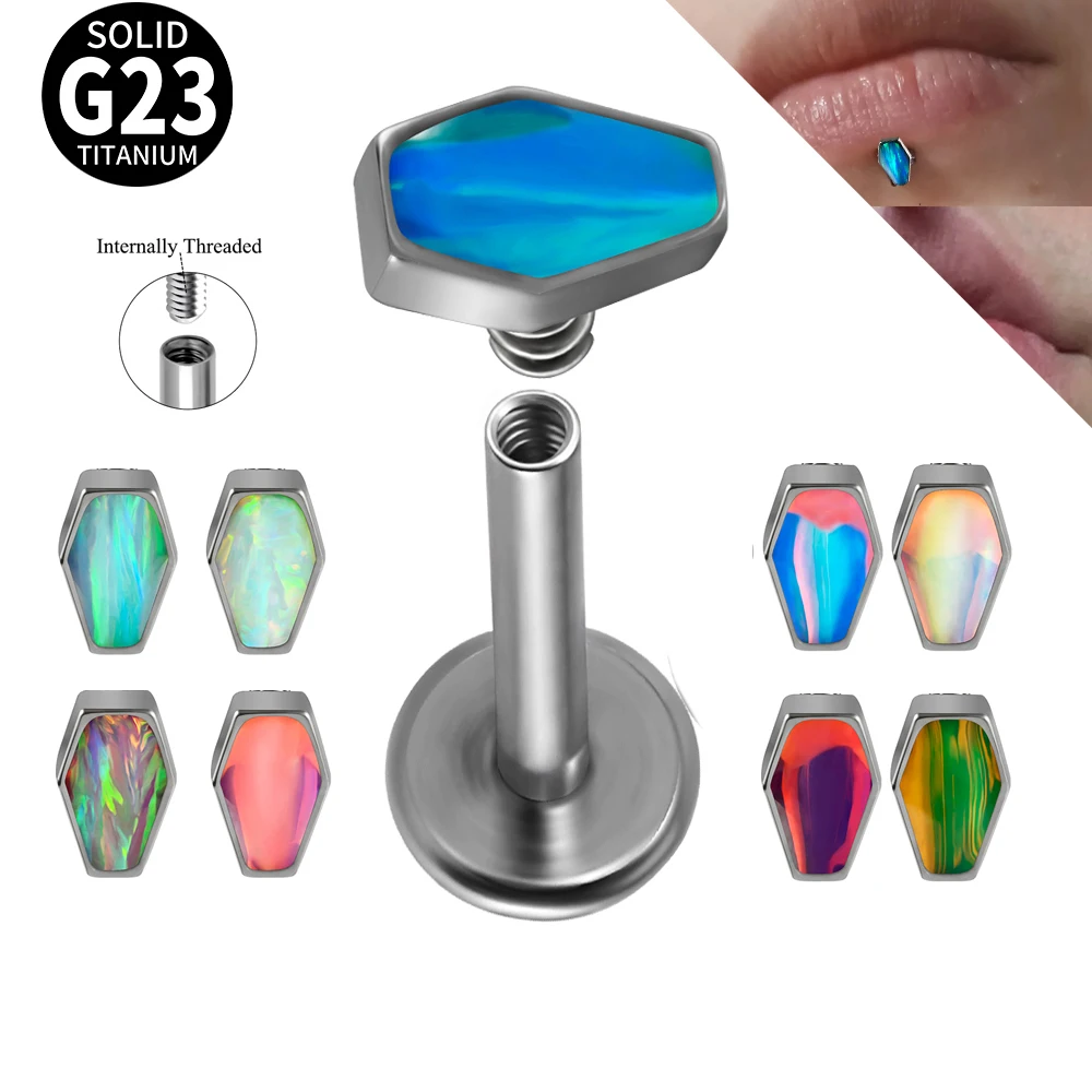 ASTM F136 Titanium Inner Screw Opal Lip Nails Inlaid Labret Piercing Polygon Flash film Tragus Ear Cartilages Earrings Jewelry