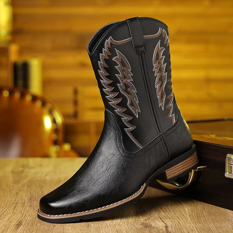 Fashion Men Embroidery Stitching Outdoor Retro Mid-calf Western Cowboy Boots Man Handmade Leather Shoes Punk Unisex Riding Boots