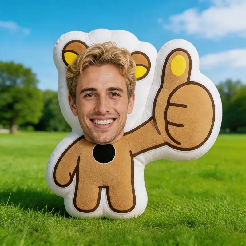 Custom Personalized Photo Face Shaped Pillow, Funny Thumbs Up Bear Body Decorative Cushion Unique Home Accent for Sofa & Bedroom